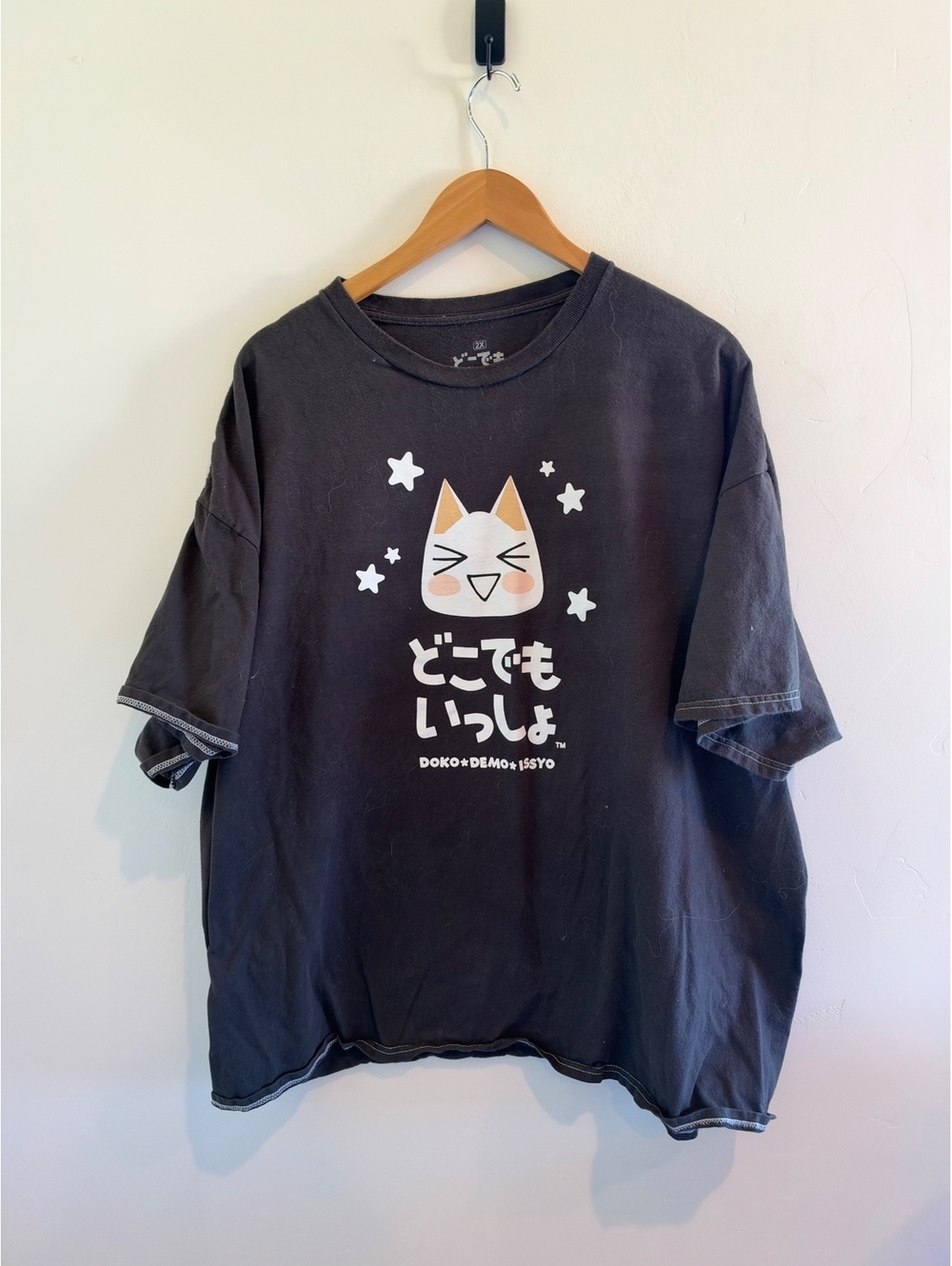 Doko Demo Issyo Japanese Cat Graphic T-Shirt 2X Black Anime Kawaii Tee